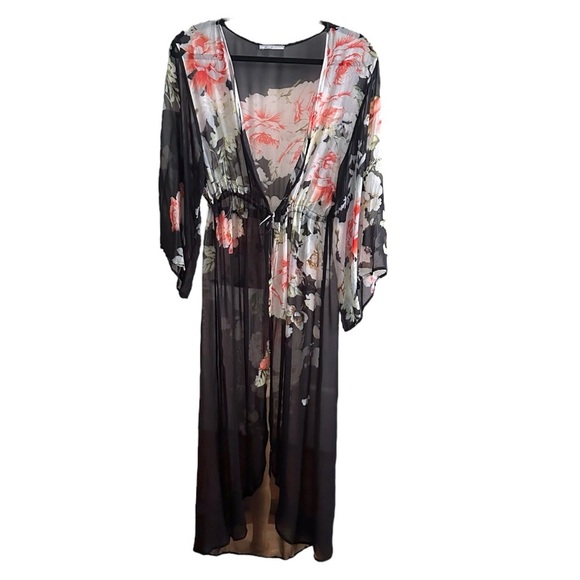 Floreat Other - FLOREAT Anthropologie Rosie Sheer Black Long Kimono Topper Layer Cover Up Sz OS
